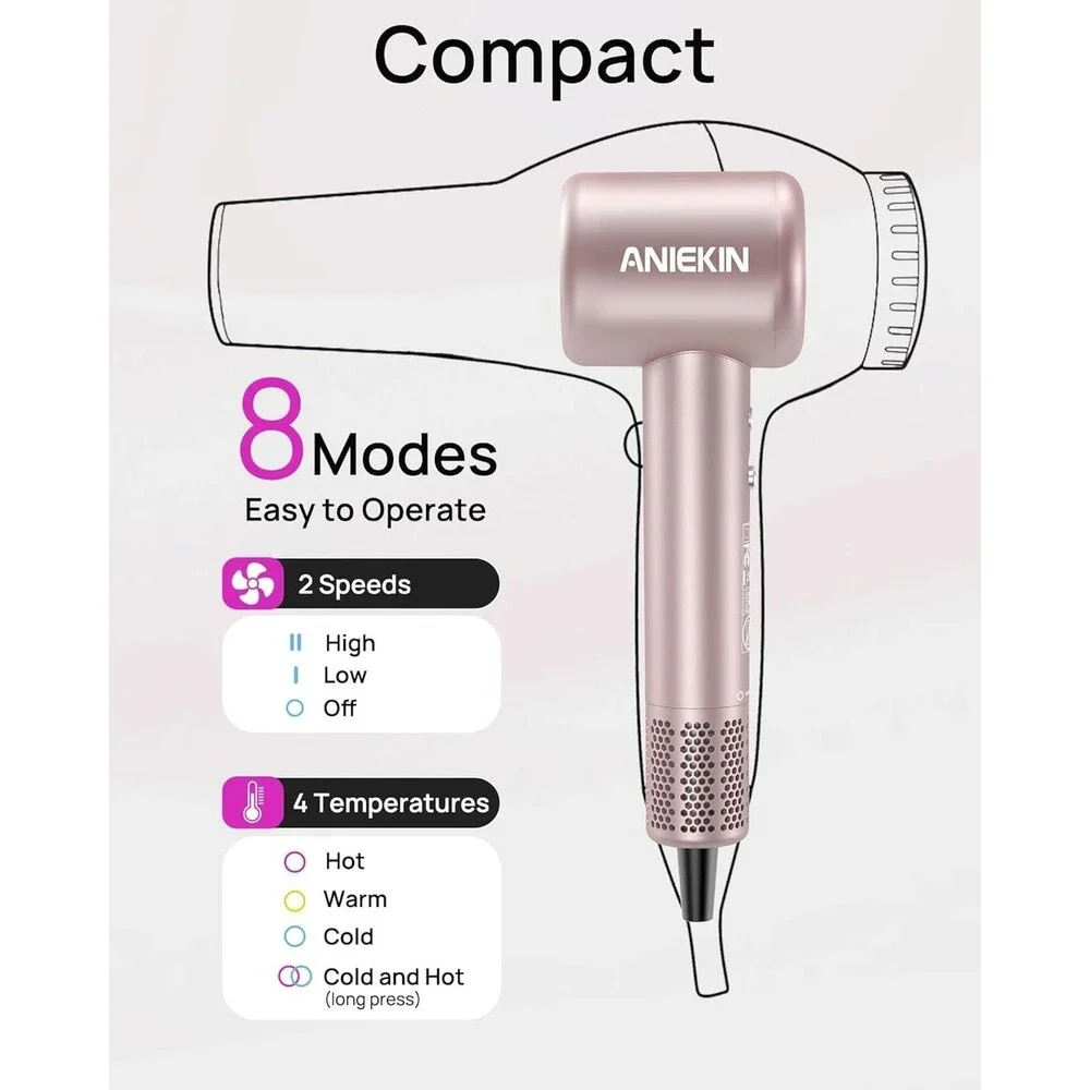 ANIEKIN High-Speed Ionic Hair Dryer Brushless Motor Diffuser Pink New in Box